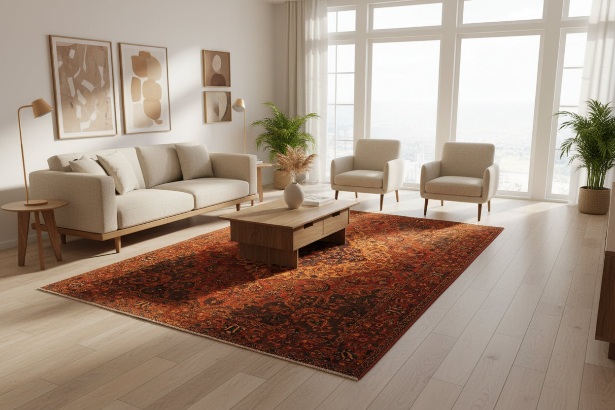 Antique Afghan Herati Rug – 204 × 314 cm Handwoven Wool Carpet | Deep Rust & Brown Floral Medallion | Traditional Afghan Home Decor | 6.7 × 10.3 ft