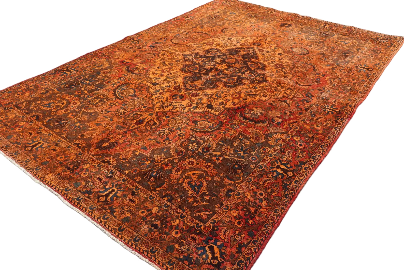 Antique Afghan Herati Rug – 204 × 314 cm Handwoven Wool Carpet | Deep Rust & Brown Floral Medallion | Traditional Afghan Home Decor | 6.7 × 10.3 ft