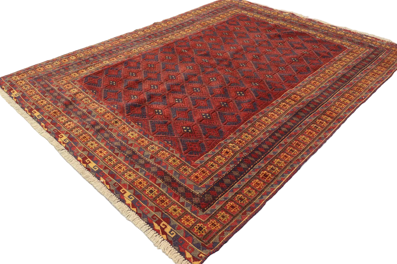 Afghan Baluch Tribal Rug 125 × 201 cm – Handwoven Wool Carpet | Red Geometric Pattern | 4.1 × 6.6 ft