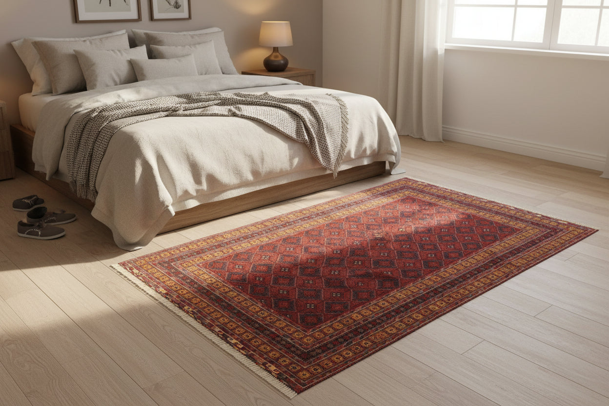 Afghan Baluch Tribal Rug 125 × 201 cm – Handwoven Wool Carpet | Red Geometric Pattern | 4.1 × 6.6 ft