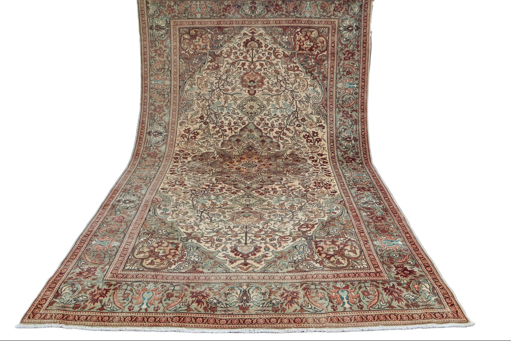 Persian-Style Ivory Floral Rug – 6.8 × 10.0 ft | Hand-Knotted Wool Carpet | Classic Medallion Design