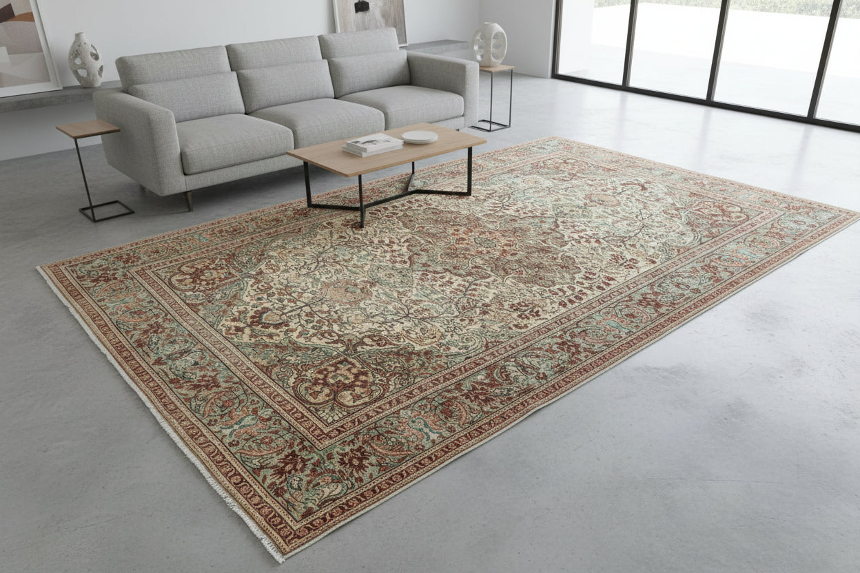Persian-Style Ivory Floral Rug – 6.8 × 10.0 ft | Hand-Knotted Wool Carpet | Classic Medallion Design