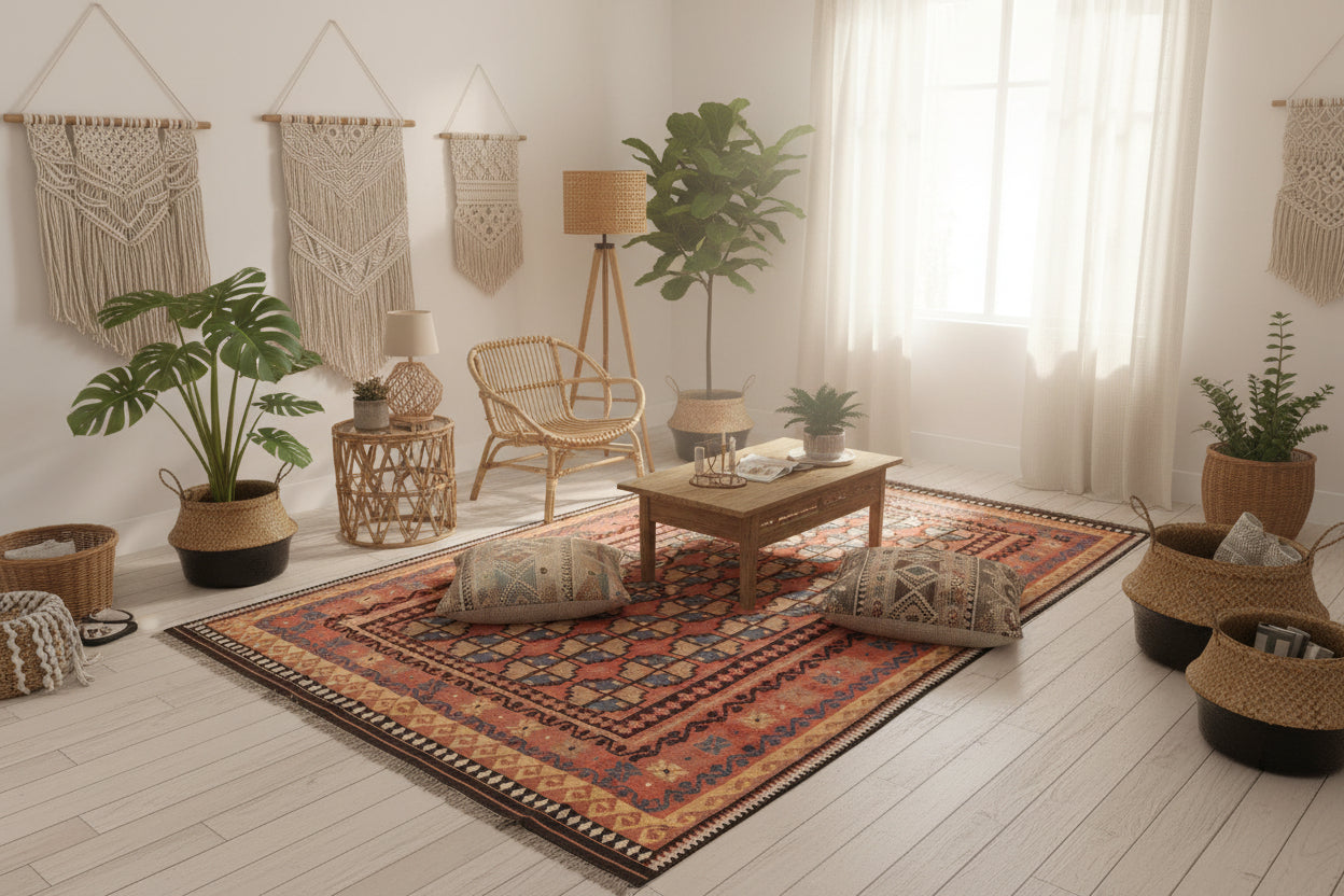 Large Kilim Rug 6.8 × 9.8 ft (207 × 299 cm) – Wool Flatweave Area Rug | Red & Orange Geometric Tribal Carpet