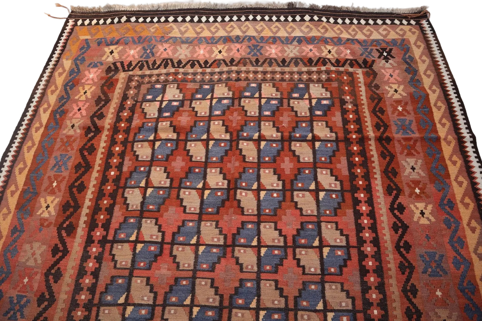 Large Kilim Rug 6.8 × 9.8 ft (207 × 299 cm) – Wool Flatweave Area Rug | Red & Orange Geometric Tribal Carpet