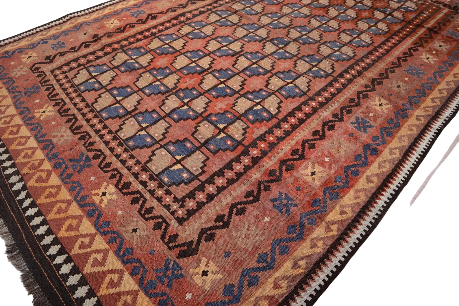 Large Kilim Rug 6.8 × 9.8 ft (207 × 299 cm) – Wool Flatweave Area Rug | Red & Orange Geometric Tribal Carpet