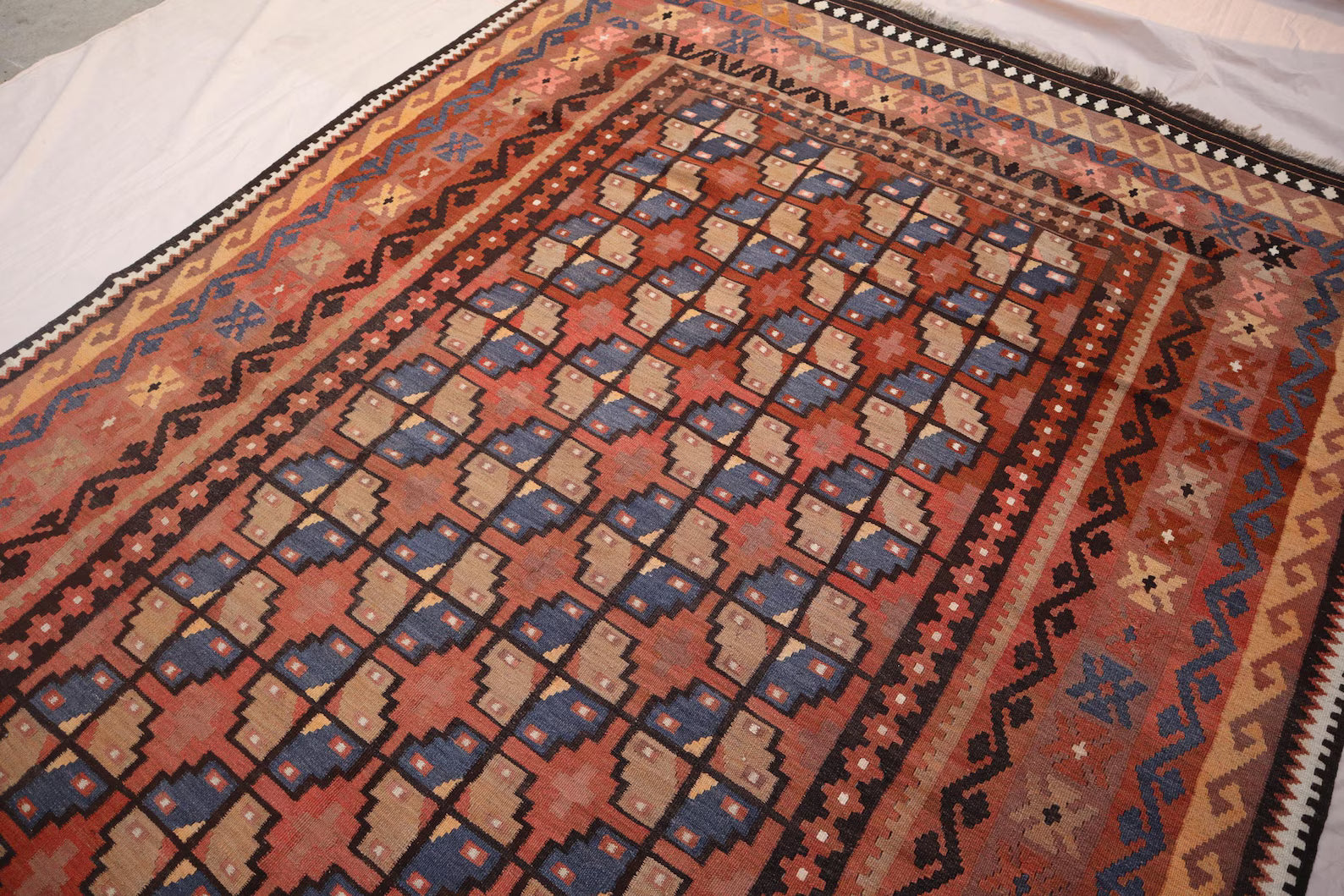 Large Kilim Rug 6.8 × 9.8 ft (207 × 299 cm) – Wool Flatweave Area Rug | Red & Orange Geometric Tribal Carpet