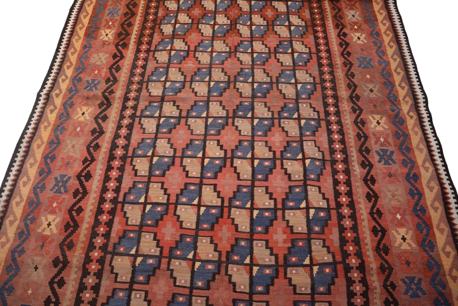 Large Kilim Rug 6.8 × 9.8 ft (207 × 299 cm) – Wool Flatweave Area Rug | Red & Orange Geometric Tribal Carpet