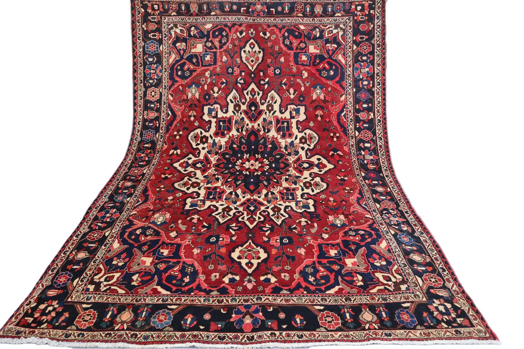 Persian Heriz Rug – 6.10 × 10.2 ft | Hand-Knotted Wool Carpet | Red & Navy Medallion Design