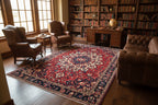 Persian Heriz Rug – 6.10 × 10.2 ft | Hand-Knotted Wool Carpet | Red & Navy Medallion Design
