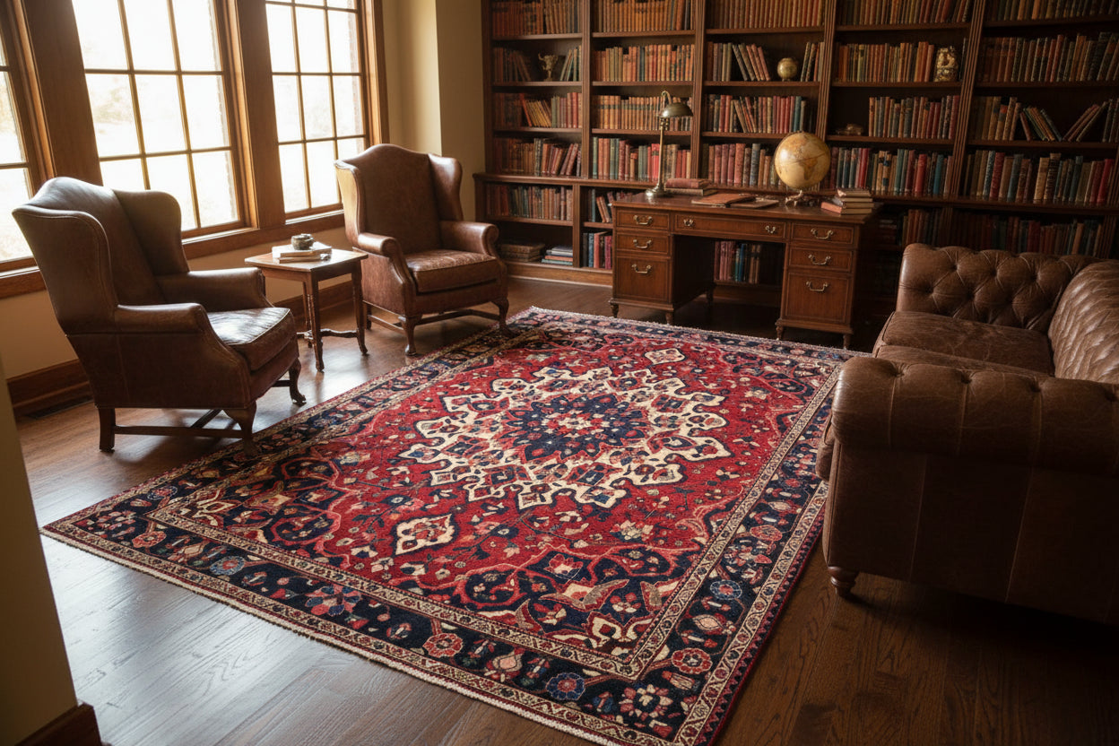 Persian Heriz Rug – 6.10 × 10.2 ft | Hand-Knotted Wool Carpet | Red & Navy Medallion Design
