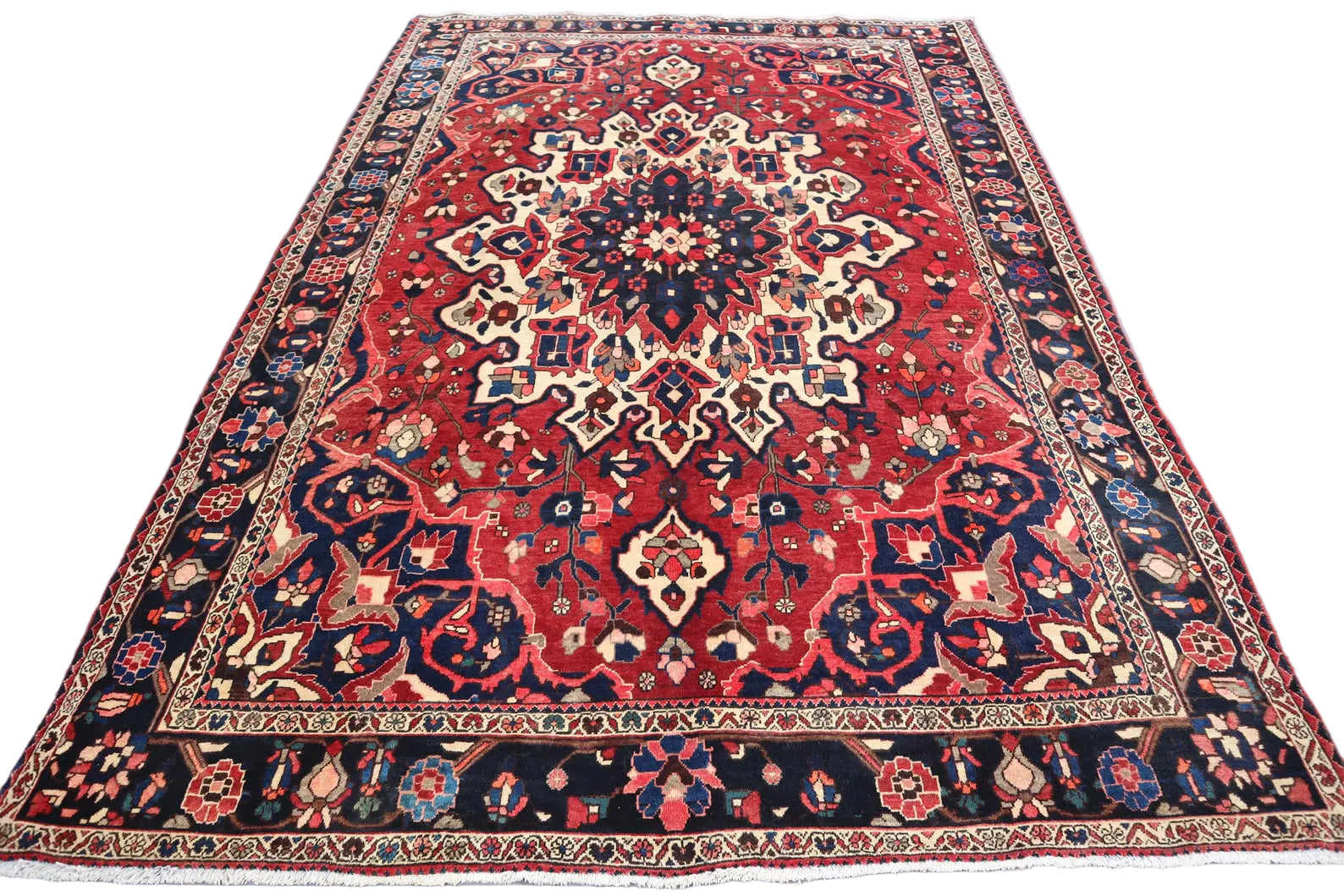 Persian Heriz Rug – 6.10 × 10.2 ft | Hand-Knotted Wool Carpet | Red & Navy Medallion Design