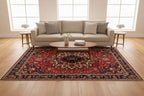 Persian Heriz Rug – 6.10 × 10.2 ft | Hand-Knotted Wool Carpet | Red & Navy Medallion Design