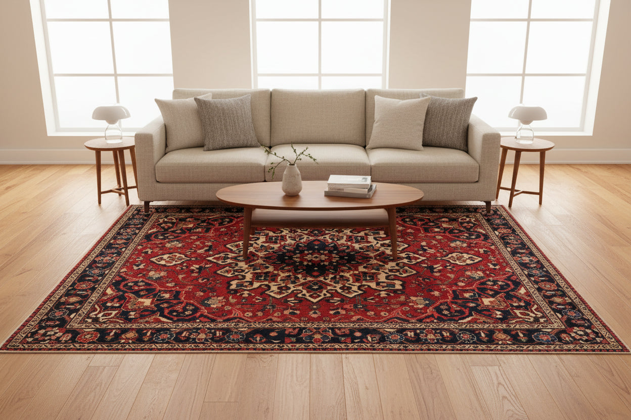 Persian Heriz Rug – 6.10 × 10.2 ft | Hand-Knotted Wool Carpet | Red & Navy Medallion Design