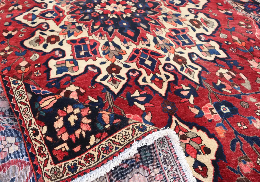 Persian Heriz Rug – 6.10 × 10.2 ft | Hand-Knotted Wool Carpet | Red & Navy Medallion Design