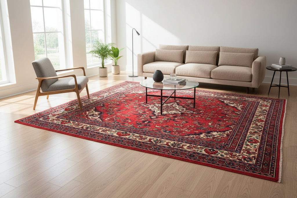 Red Floral Area Rug 7.8 × 10.0 ft (238 × 305 cm) – Large Wool Rug for Living Room | Vintage Handmade Carpet