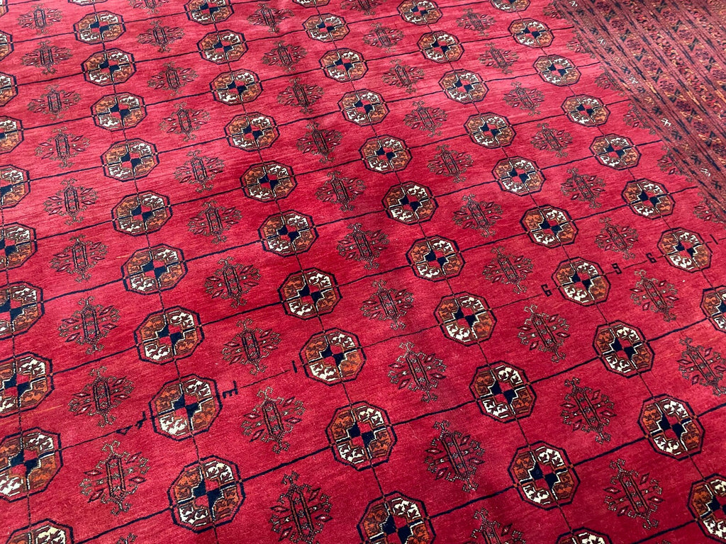 Turkmen Bukhara Rug – Large Red Afghan Bokhara Carpet | Traditional Tribal Geometric Area Rug | 310 x 397 cm