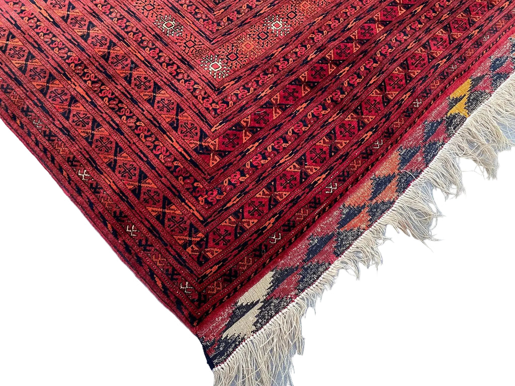 Turkmen Bukhara Rug – Large Red Afghan Bokhara Carpet | Traditional Tribal Geometric Area Rug | 310 x 397 cm