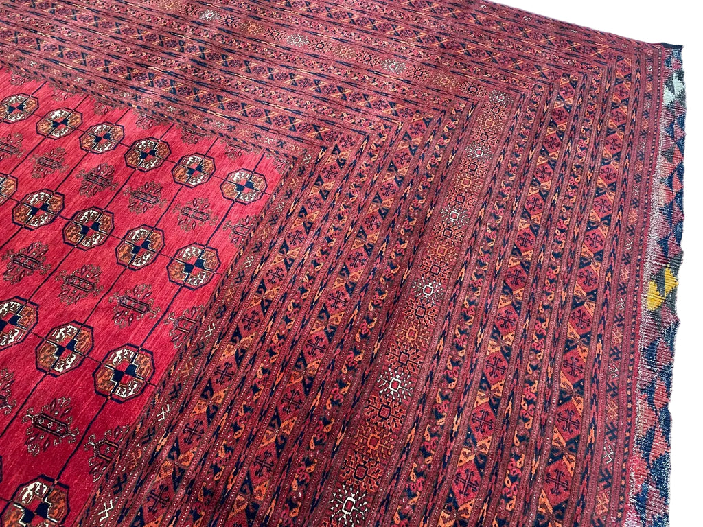 Turkmen Bukhara Rug – Large Red Afghan Bokhara Carpet | Traditional Tribal Geometric Area Rug | 310 x 397 cm