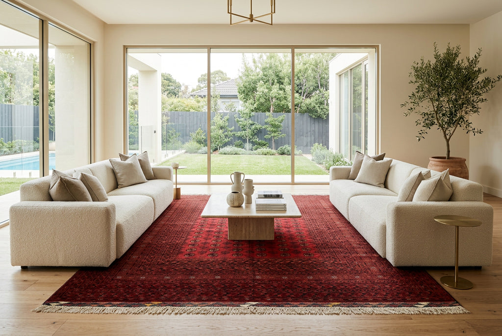 Turkmen Bukhara Rug – Large Red Afghan Bokhara Carpet | Traditional Tribal Geometric Area Rug | 310 x 397 cm