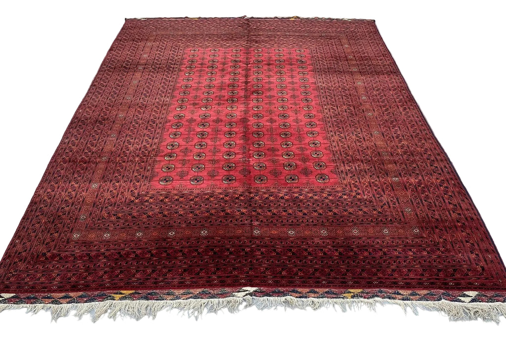Turkmen Bukhara Rug – Large Red Afghan Bokhara Carpet | Traditional Tribal Geometric Area Rug | 310 x 397 cm