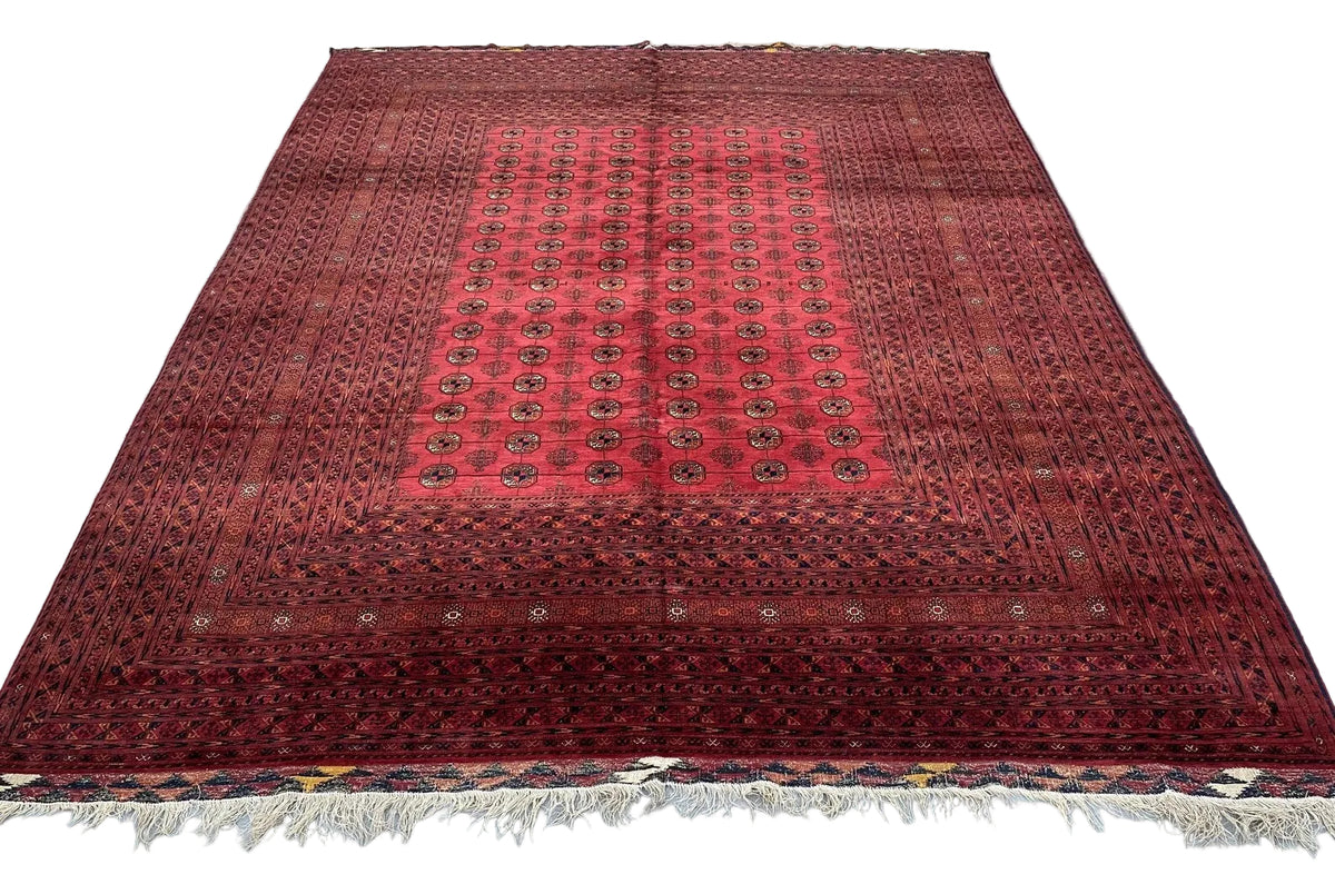 Turkmen Bukhara Rug – Large Red Afghan Bokhara Carpet | Traditional Tribal Geometric Area Rug | 310 x 397 cm