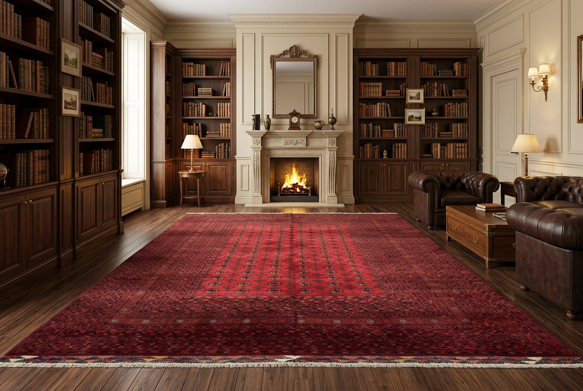 Turkmen Bukhara Rug – Large Red Afghan Bokhara Carpet | Traditional Tribal Geometric Area Rug | 310 x 397 cm