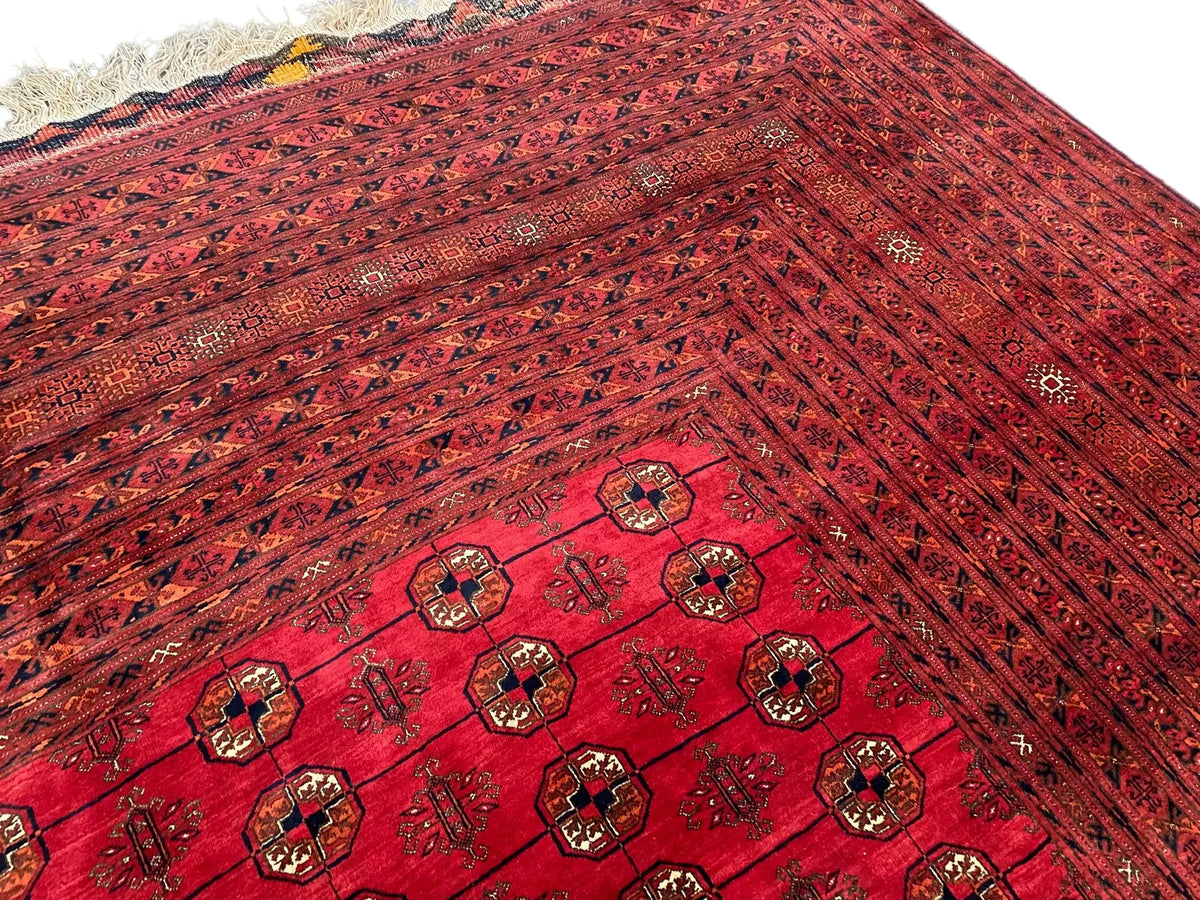 Turkmen Bukhara Rug – Large Red Afghan Bokhara Carpet | Traditional Tribal Geometric Area Rug | 310 x 397 cm