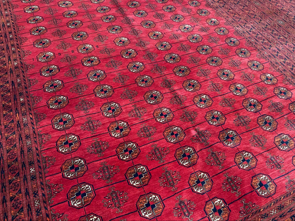 Turkmen Bukhara Rug – Large Red Afghan Bokhara Carpet | Traditional Tribal Geometric Area Rug | 310 x 397 cm