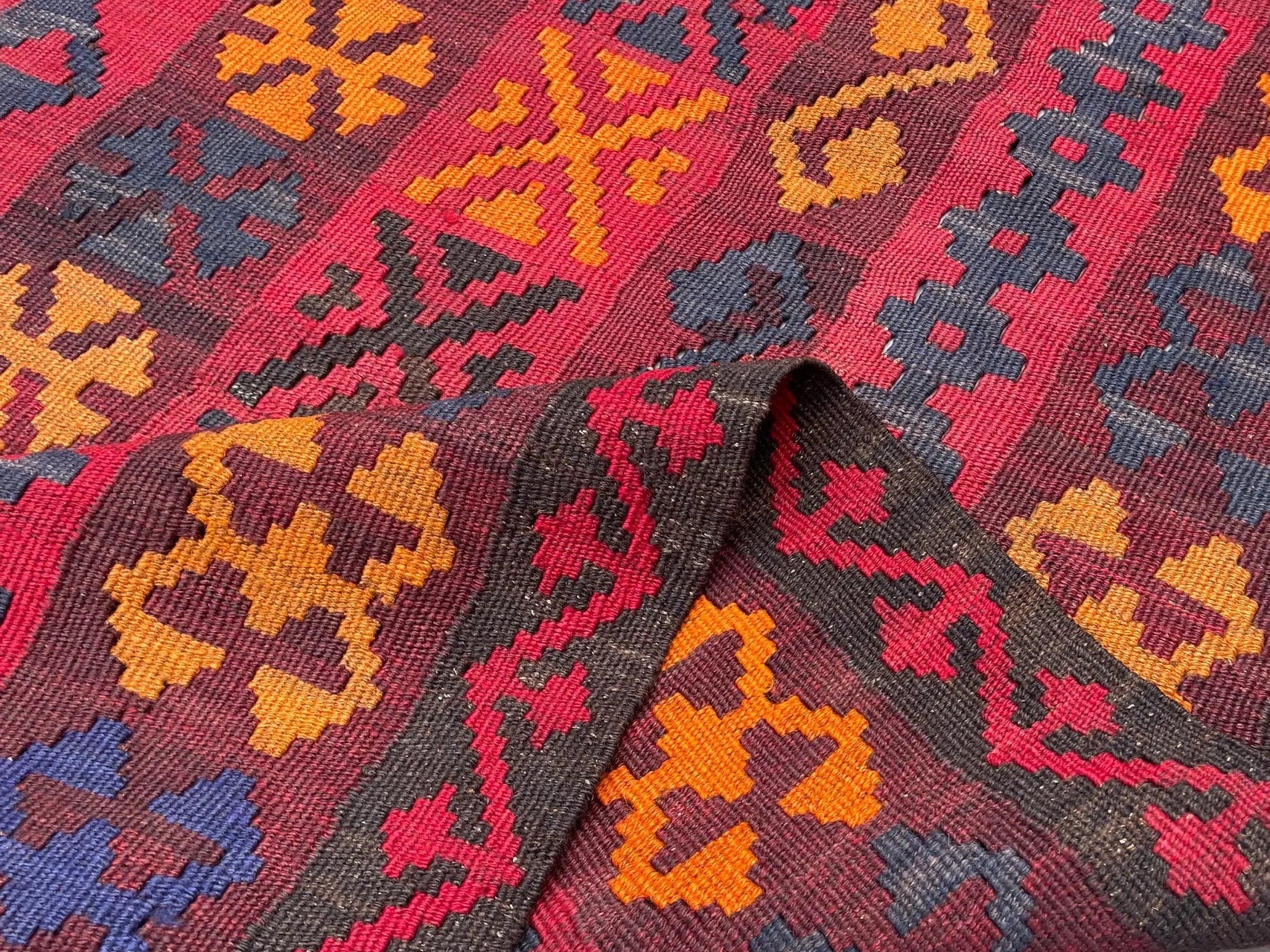 Jewel-Tone Afghan Kilim Rug – 201 x 198 cm | Vintage Tribal Wool Flatweave