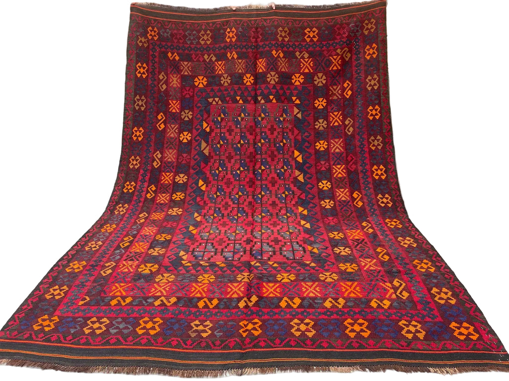 Jewel-Tone Afghan Kilim Rug – 201 x 198 cm | Vintage Tribal Wool Flatweave