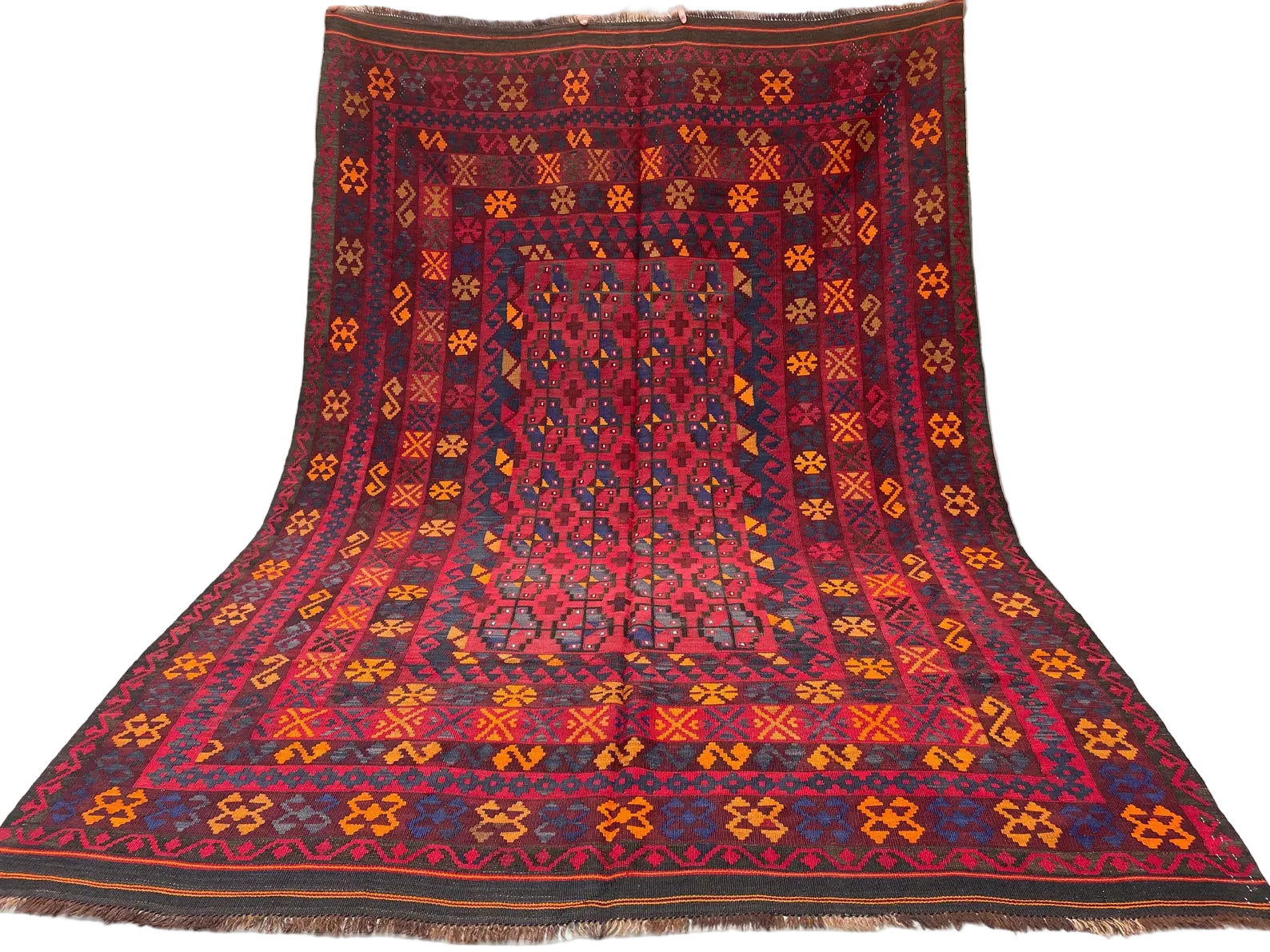 Jewel-Tone Afghan Kilim Rug – 201 x 198 cm | Vintage Tribal Wool Flatweave