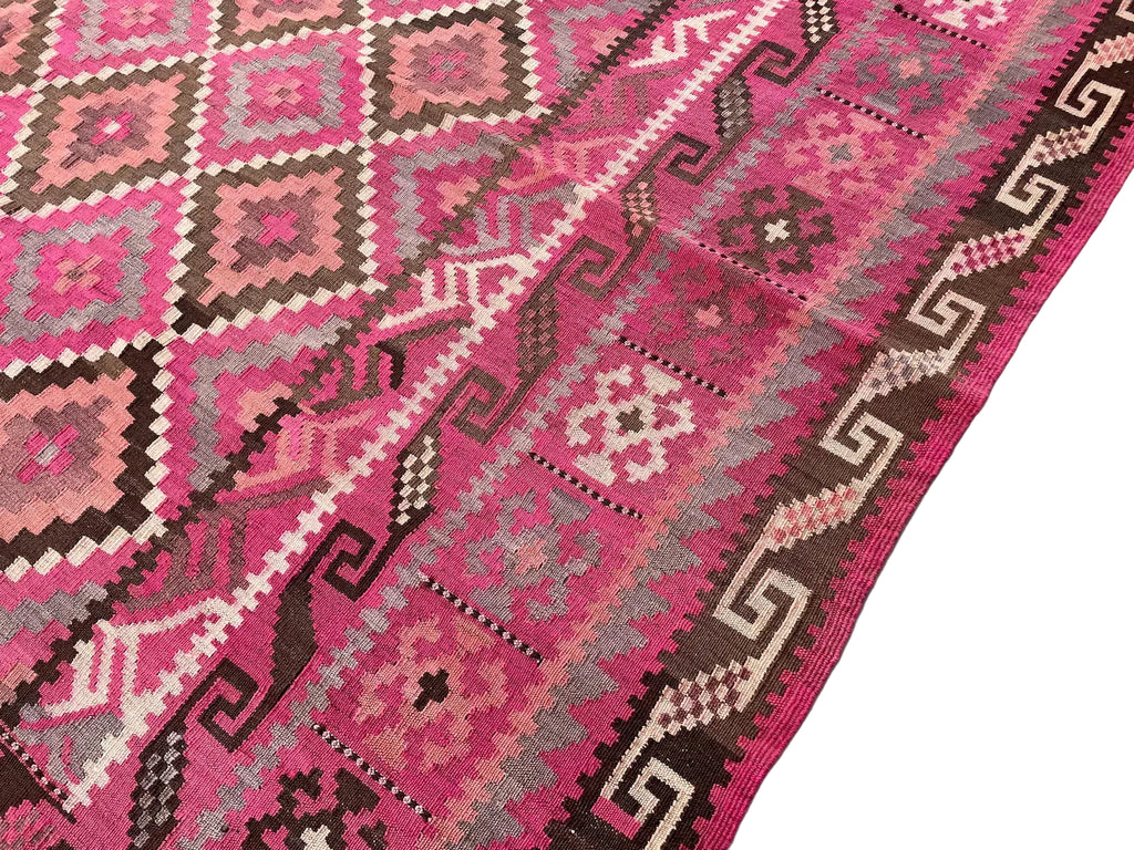 Large Afghan tribal rug featuring rose pink, grey, ivory and chocolate brown colour tones
