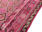 Large Afghan tribal rug featuring rose pink, grey, ivory and chocolate brown colour tones
