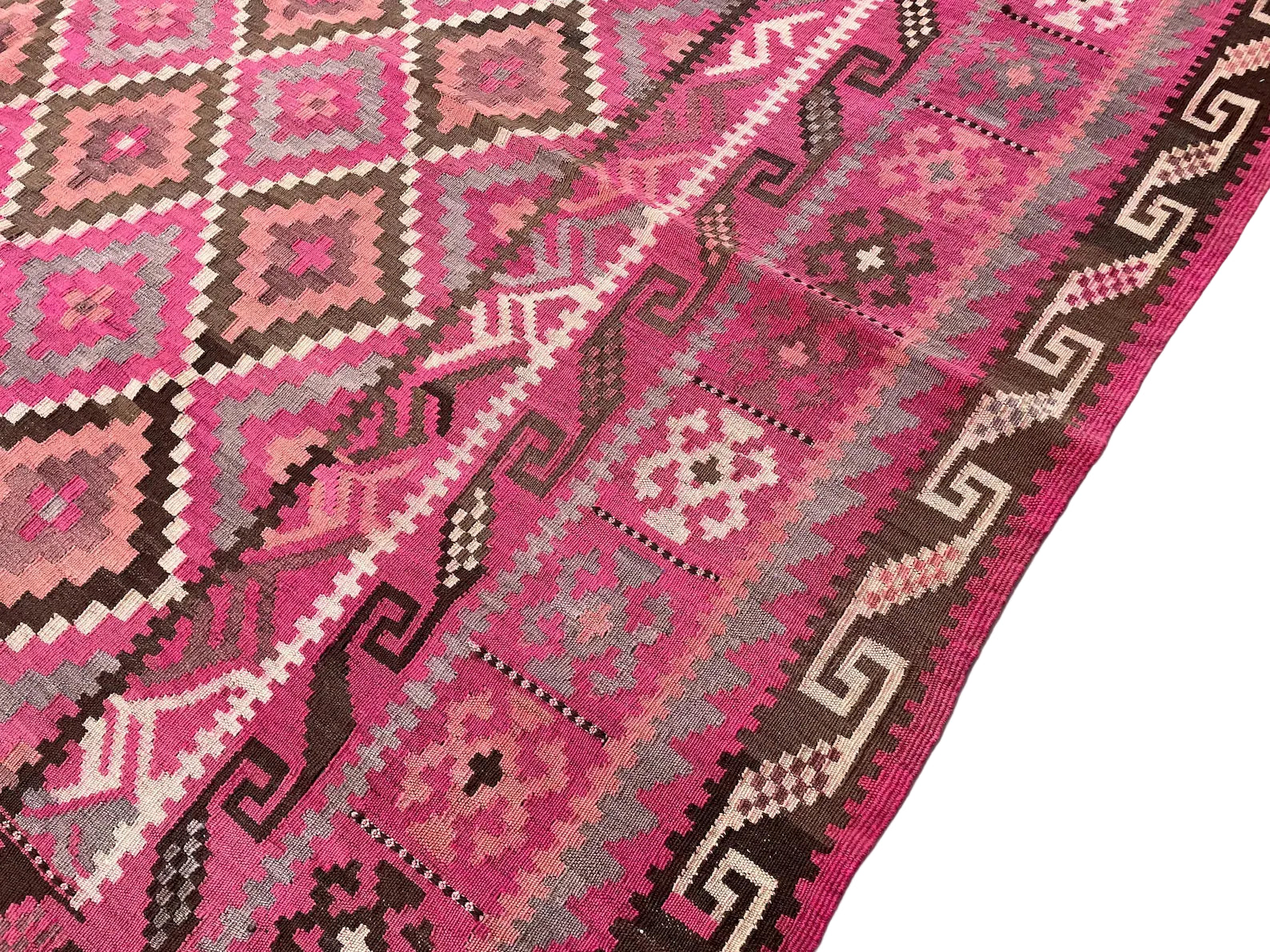 Large Afghan tribal rug featuring rose pink, grey, ivory and chocolate brown colour tones
