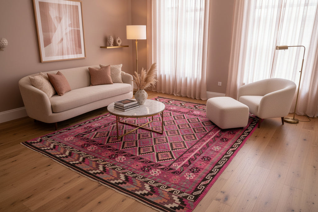Handwoven Afghan flatweave rug featuring traditional diamond motifs in soft pink and ivory tones