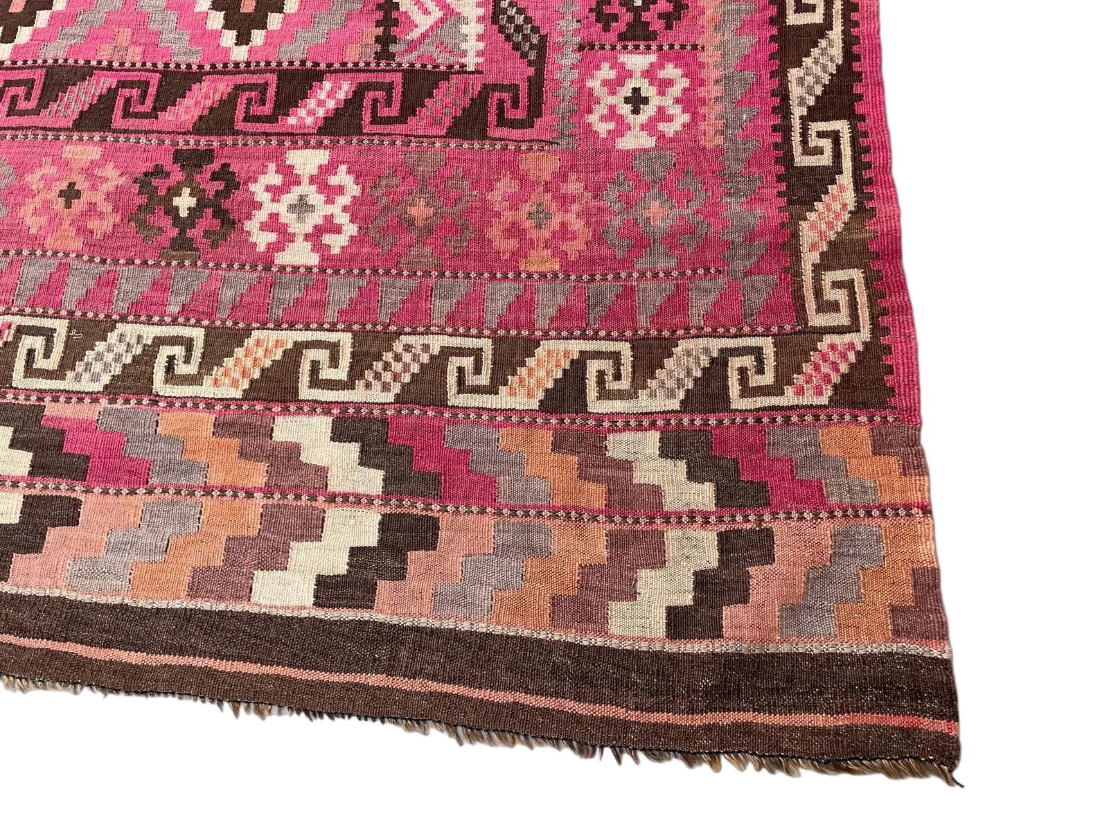 Decorative border detail of a vintage Afghan Kilim featuring nomadic tribal symbolism