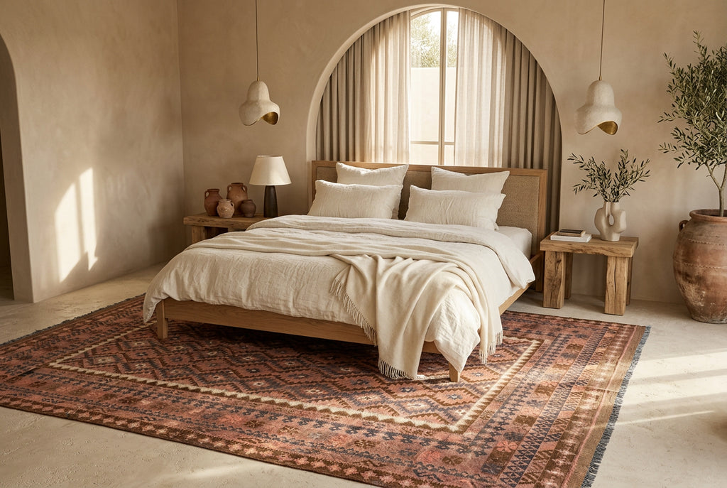 Large dusty rose and terracotta geometric Kilim rug displayed beneath a natural oak bed in a Mediterranean-inspired bedroom.