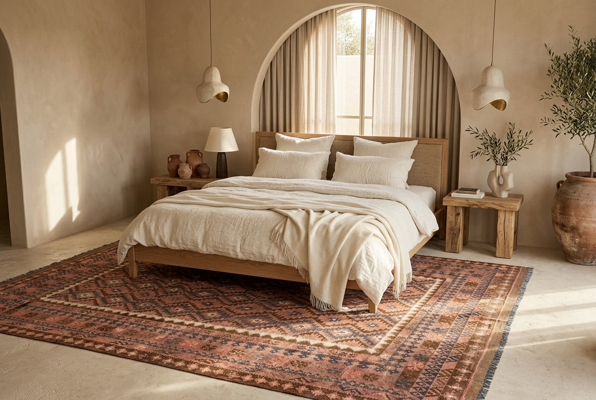 Large dusty rose and terracotta geometric Kilim rug displayed beneath a natural oak bed in a Mediterranean-inspired bedroom.