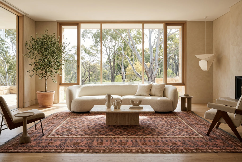 Earthy terracotta Afghan Kilim rug styled in a luxury modern organic living room with an ivory sofa, travertine coffee table and natural oak flooring.