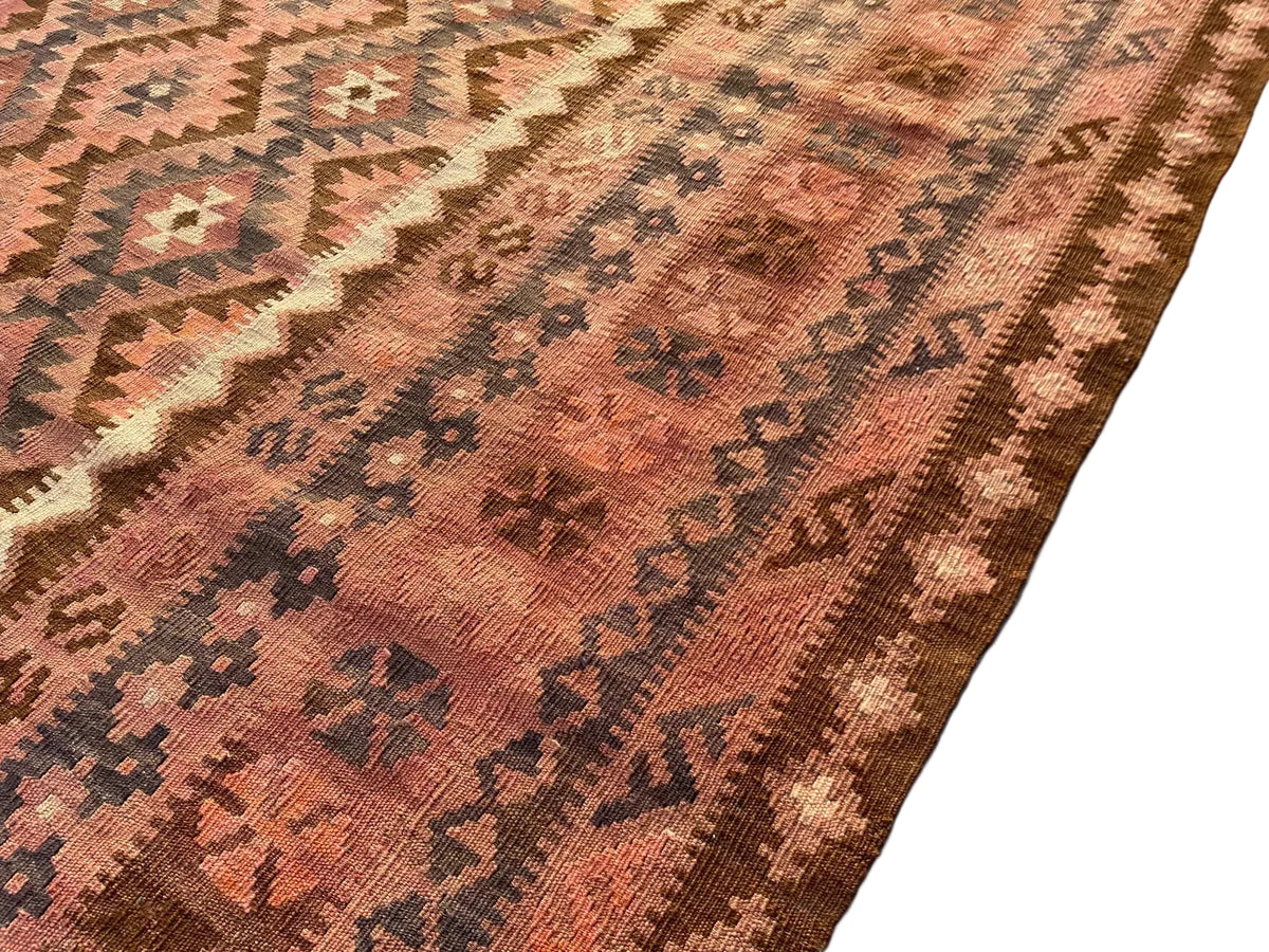 Vintage Style Afghan Kilim Rug – Dusty Rose & Terracotta Geometric Flatweave | Earthy Boho Area Rug | 251 x 378 cm