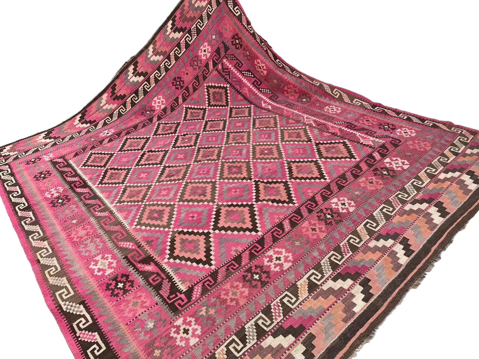 Rose-tone Afghan Kilim rug handwoven in wool featuring geometric tribal motifs measuring 246 x 273 cm