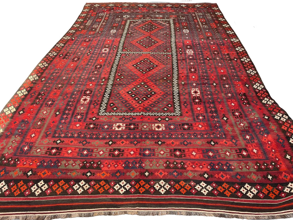 Extra Large Afghan Kilim Rug – Red & Black Tribal Geometric Flatweave Carpet | Traditional Area Rug | 290 x 472 cm
