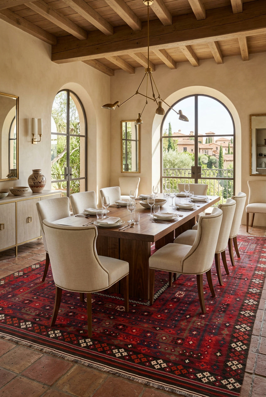 Extra-large traditional Afghan Kilim rug displayed beneath a walnut dining table in a luxurious Mediterranean-inspired dining room.