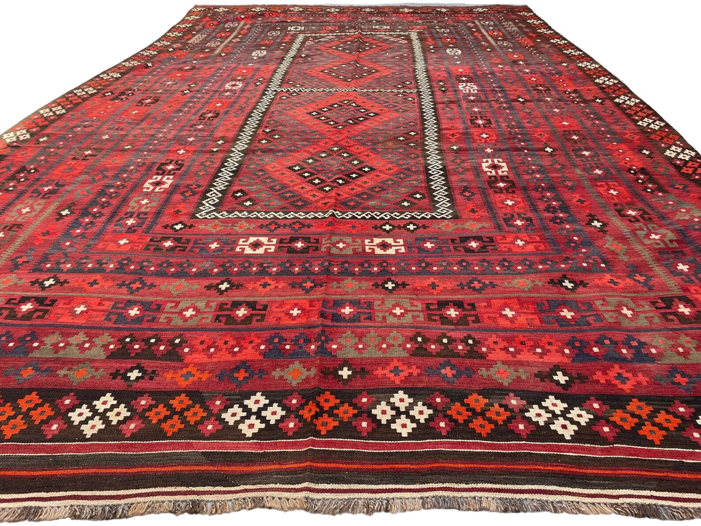 Extra Large Afghan Kilim Rug – Red & Black Tribal Geometric Flatweave Carpet | Traditional Area Rug | 290 x 472 cm