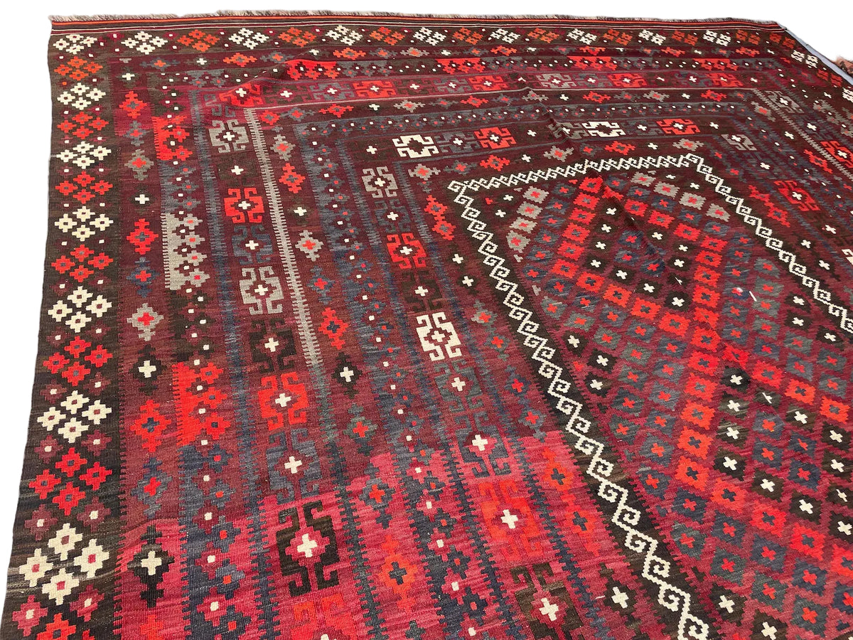 Extra Large Afghan Kilim Rug – Red & Black Tribal Geometric Flatweave Carpet | Traditional Area Rug | 290 x 472 cm