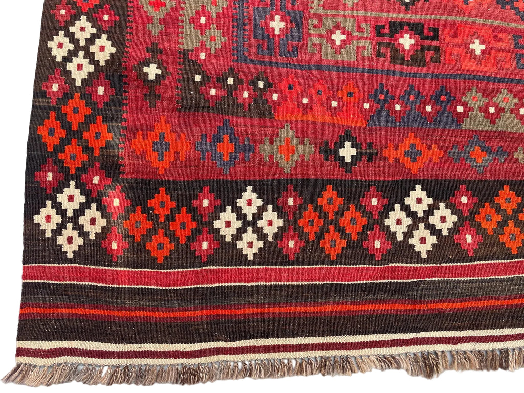 Extra Large Afghan Kilim Rug – Red & Black Tribal Geometric Flatweave Carpet | Traditional Area Rug | 290 x 472 cm