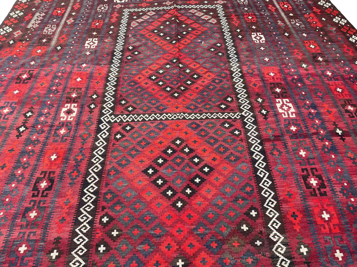 Extra Large Afghan Kilim Rug – Red & Black Tribal Geometric Flatweave Carpet | Traditional Area Rug | 290 x 472 cm