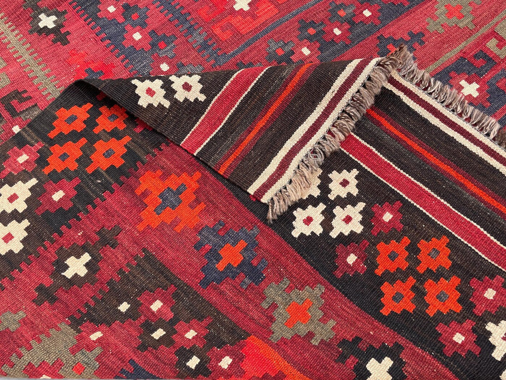Extra Large Afghan Kilim Rug – Red & Black Tribal Geometric Flatweave Carpet | Traditional Area Rug | 290 x 472 cm