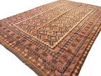 Vintage Style Afghan Kilim Rug – Dusty Rose & Terracotta Geometric Flatweave | Earthy Boho Area Rug | 251 x 378 cm