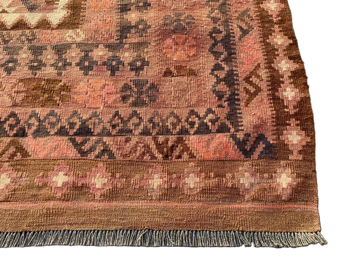 Vintage Style Afghan Kilim Rug – Dusty Rose & Terracotta Geometric Flatweave | Earthy Boho Area Rug | 251 x 378 cm